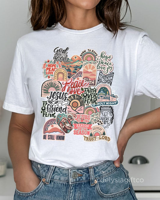 Woman wearing Jesus Is the Reason for the Season Christian T-shirt with collage design — Christmas faith apparel celebrating Jesus.