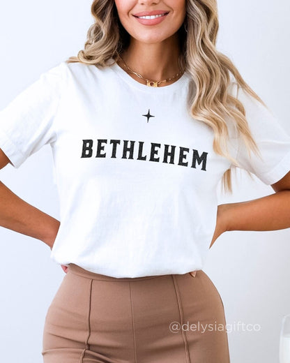 Woman wearing Bethlehem Christian T-shirt — minimalist Christmas faith apparel honoring the birthplace of Jesus.