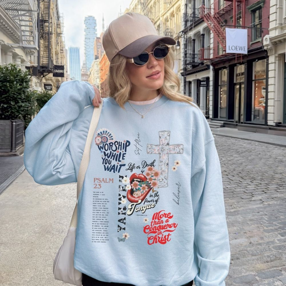 Faith based sweatshirt with Worship While You Wait message