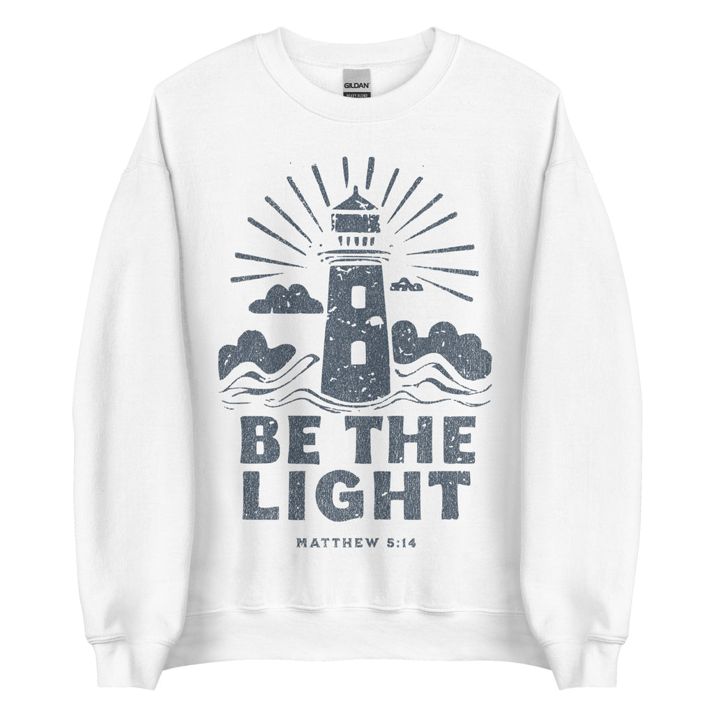 Faith sweatshirt with lighthouse and Matthew 5:14 design. Christian sweatshirt encouraging them to be the light