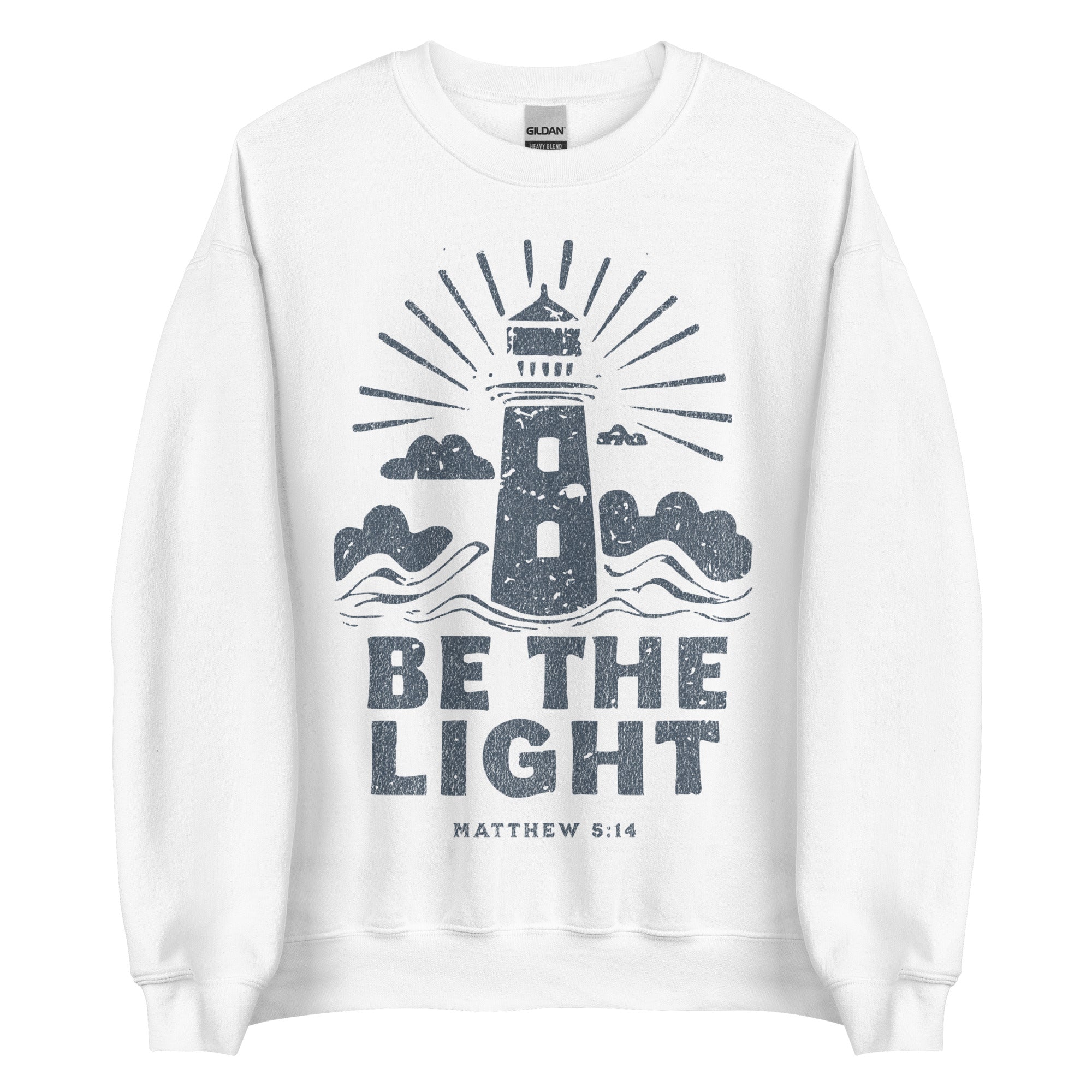 Faith sweatshirt with lighthouse and Matthew 5:14 design. Christian sweatshirt encouraging them to be the light