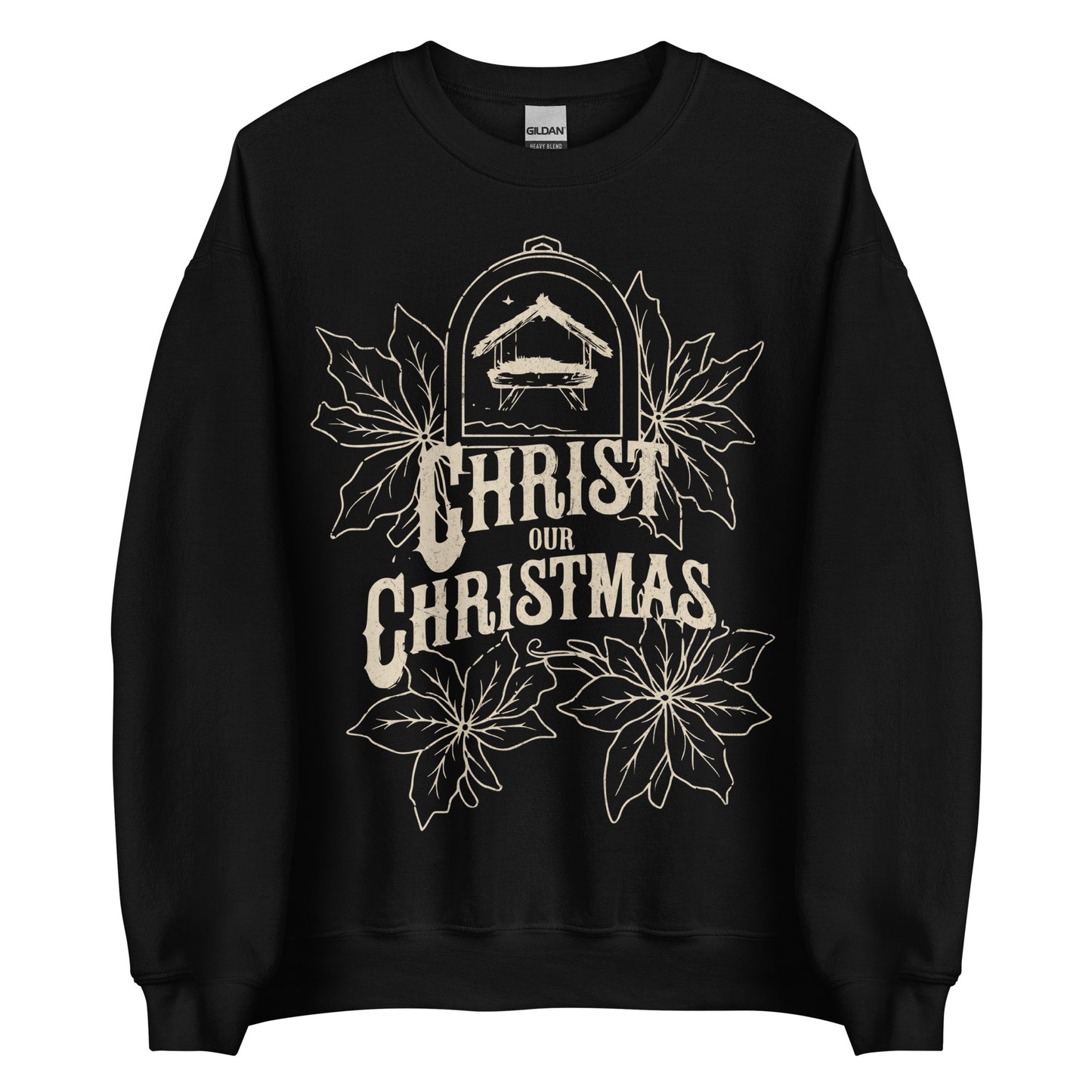 Woman wearing burgundy Christ Our Christmas sweater with manger and poinsettia design.