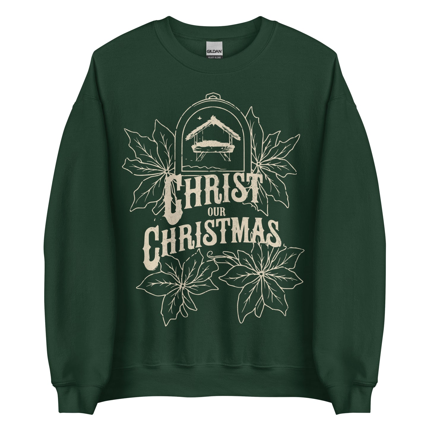 Woman wearing burgundy Christ Our Christmas sweater with manger and poinsettia design.