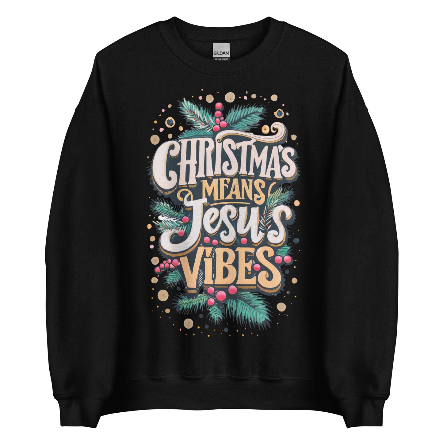 Woman wearing white Christmas Means Jesus Vibes Christian sweater with festive holly and pine design.