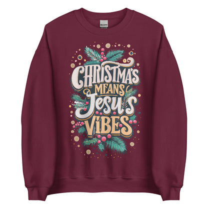 Woman wearing white Christmas Means Jesus Vibes Christian sweater with festive holly and pine design.