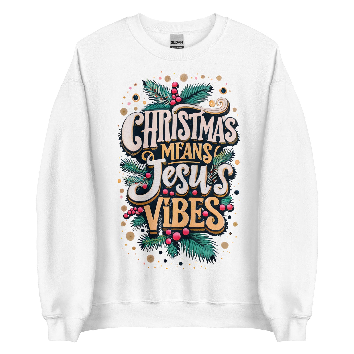 Woman wearing white Christmas Means Jesus Vibes Christian sweater with festive holly and pine design.