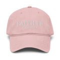 Woman wearing blush Faith It Til You Make It Christian embroidered baseball cap with neutral sweater and gold necklace.