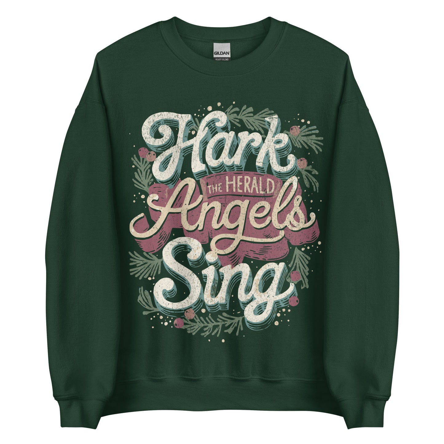 Woman wearing black Hark the Herald Angels Sing Christian Christmas sweater with festive wreath design.