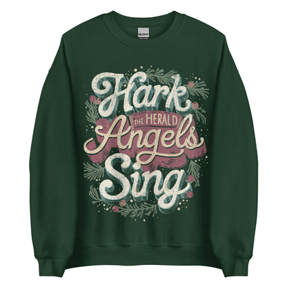 Woman wearing black Hark the Herald Angels Sing Christian Christmas sweater with festive wreath design.