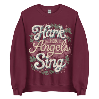 Woman wearing black Hark the Herald Angels Sing Christian Christmas sweater with festive wreath design.