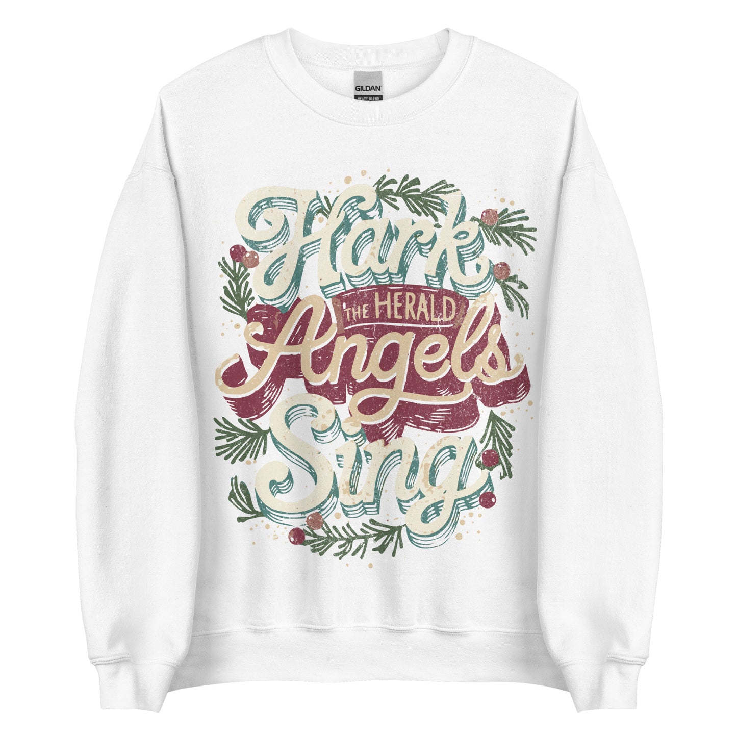 Woman wearing black Hark the Herald Angels Sing Christian Christmas sweater with festive wreath design.
