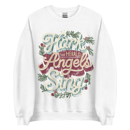 Woman wearing black Hark the Herald Angels Sing Christian Christmas sweater with festive wreath design.