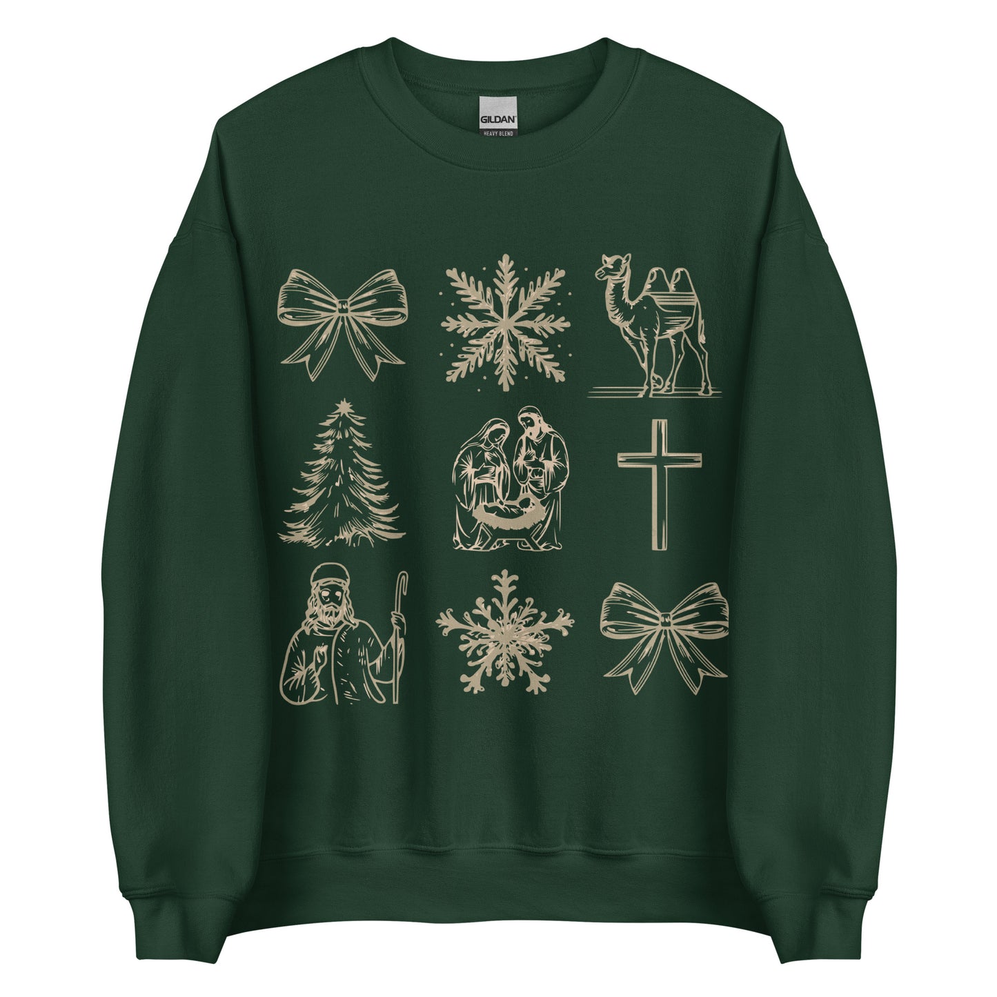 Woman wearing Holy Night Icons Christian Christmas sweater with nativity, cross, camel, shepherd, and festive gold detailing.
