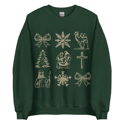 Woman wearing Holy Night Icons Christian Christmas sweater with nativity, cross, camel, shepherd, and festive gold detailing.