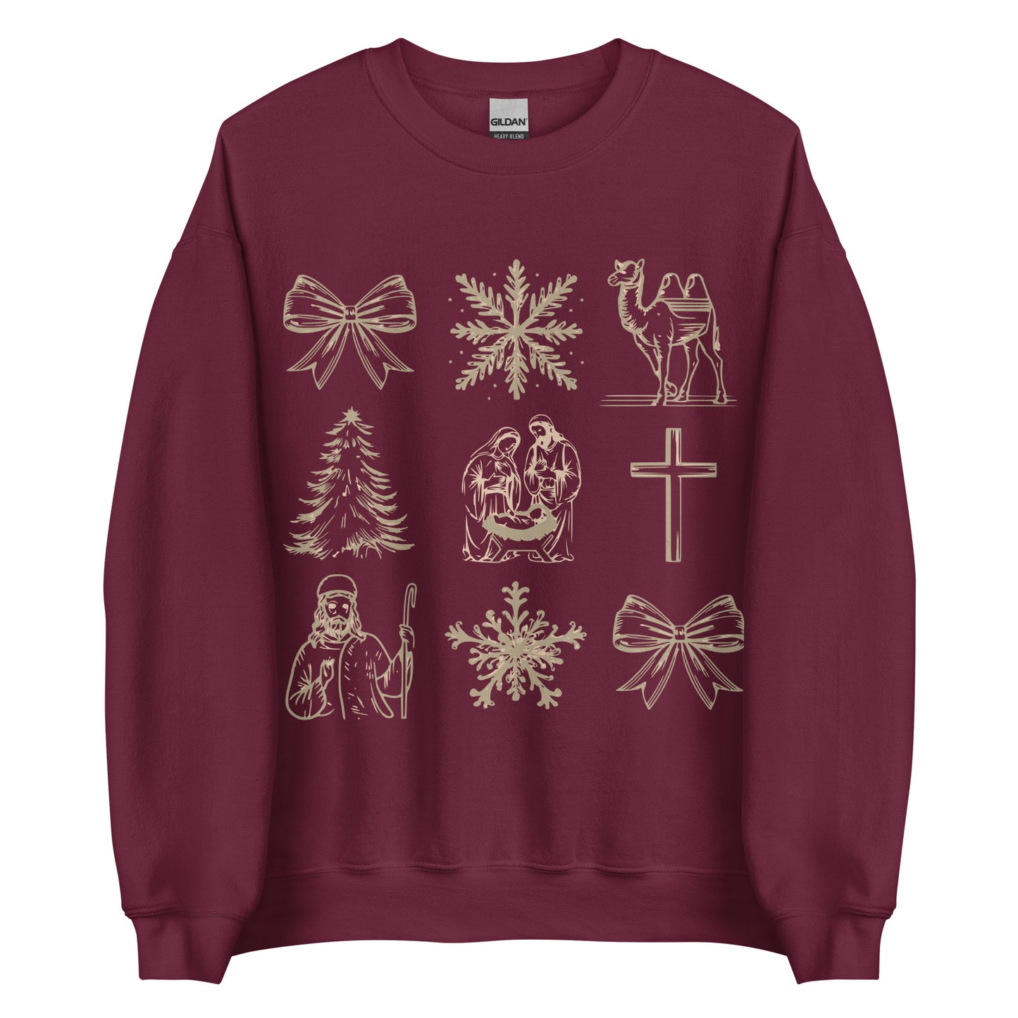 Woman wearing Holy Night Icons Christian Christmas sweater with nativity, cross, camel, shepherd, and festive gold detailing.