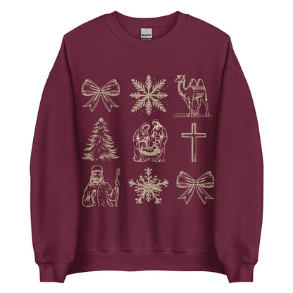 Woman wearing Holy Night Icons Christian Christmas sweater with nativity, cross, camel, shepherd, and festive gold detailing.
