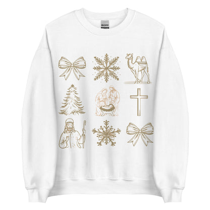 Woman wearing Holy Night Icons Christian Christmas sweater with nativity, cross, camel, shepherd, and festive gold detailing.