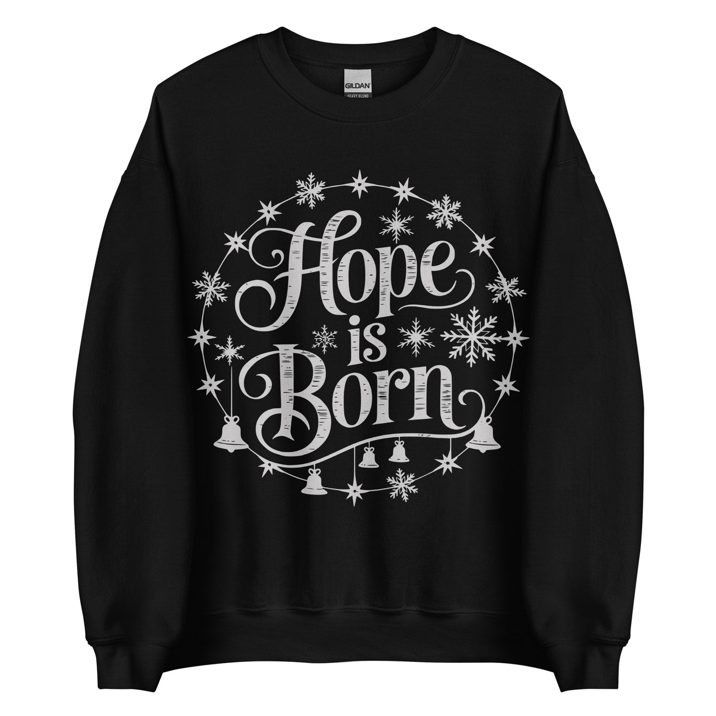 Woman wearing burgundy Hope Is Born Christian Christmas sweater with snowflake and star design.
