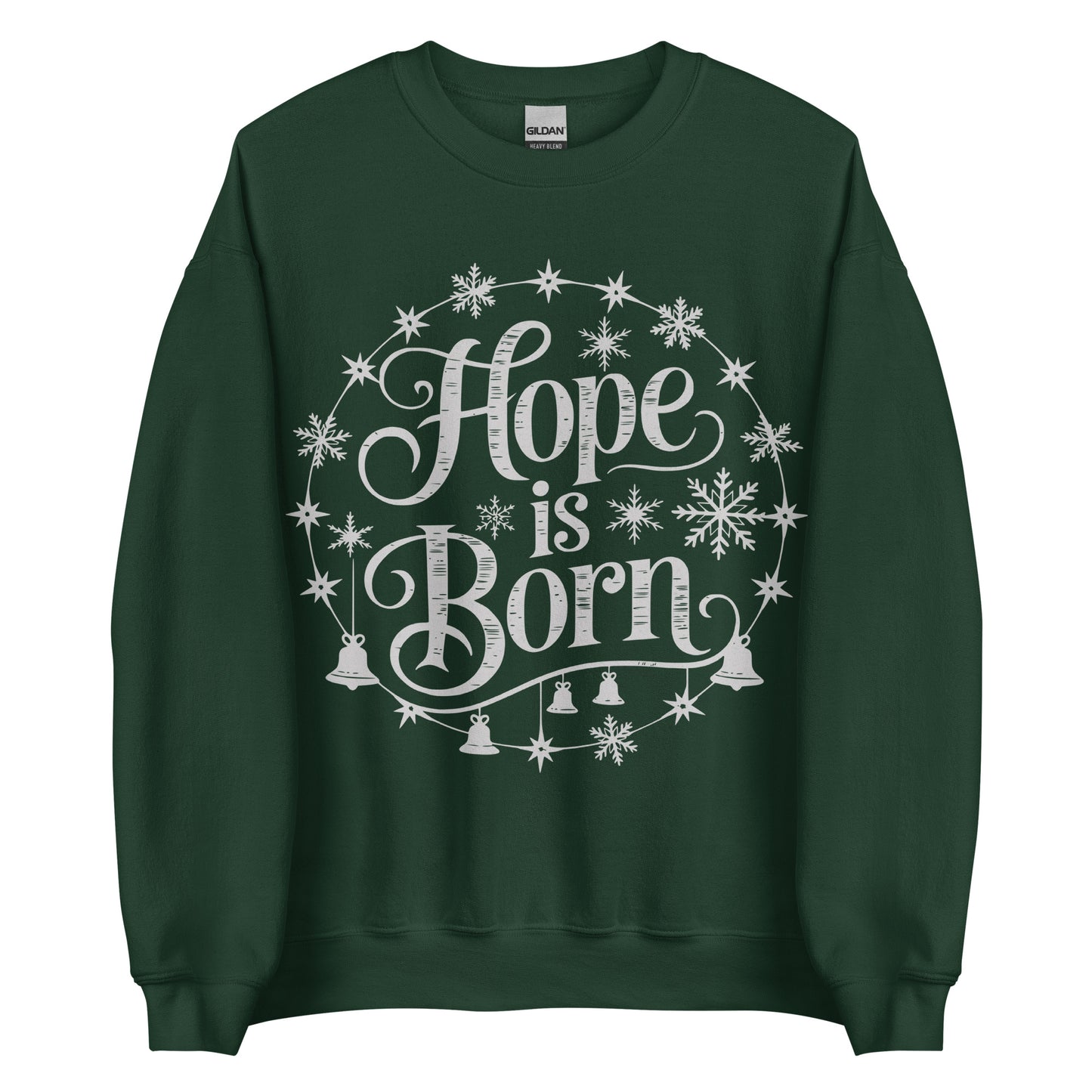 Woman wearing burgundy Hope Is Born Christian Christmas sweater with snowflake and star design.