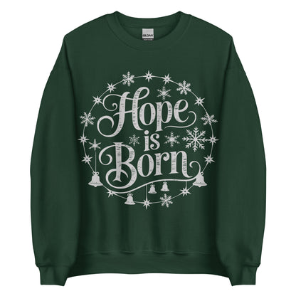 Woman wearing burgundy Hope Is Born Christian Christmas sweater with snowflake and star design.