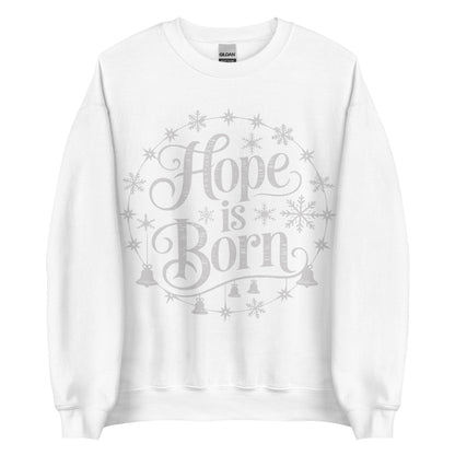 Woman wearing burgundy Hope Is Born Christian Christmas sweater with snowflake and star design.