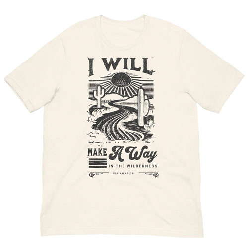 Close-up of “I Will Make a Way” Isaiah 43:19 text printed on Christian t-shirt.