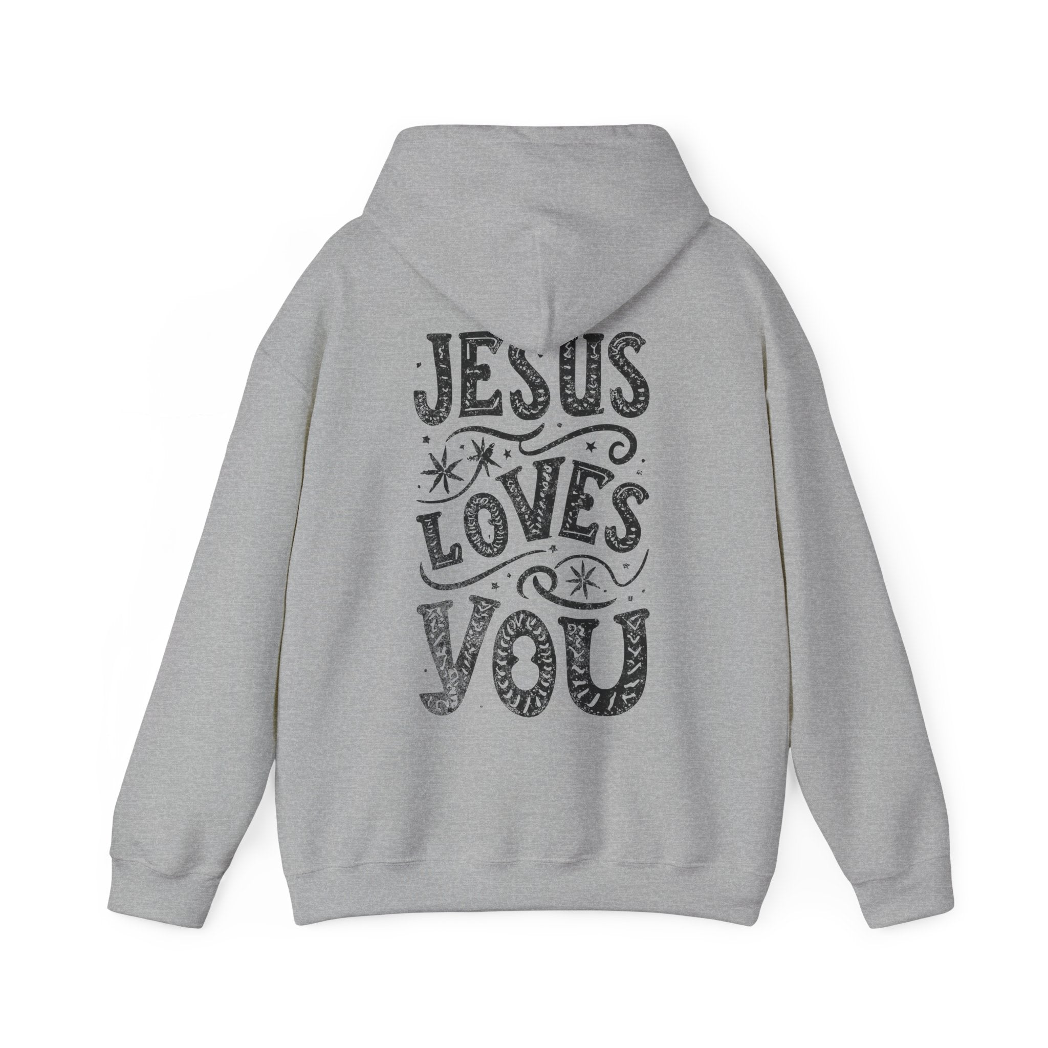 Gray hoodie with 'Jesus Loves You' text on the back against a white background