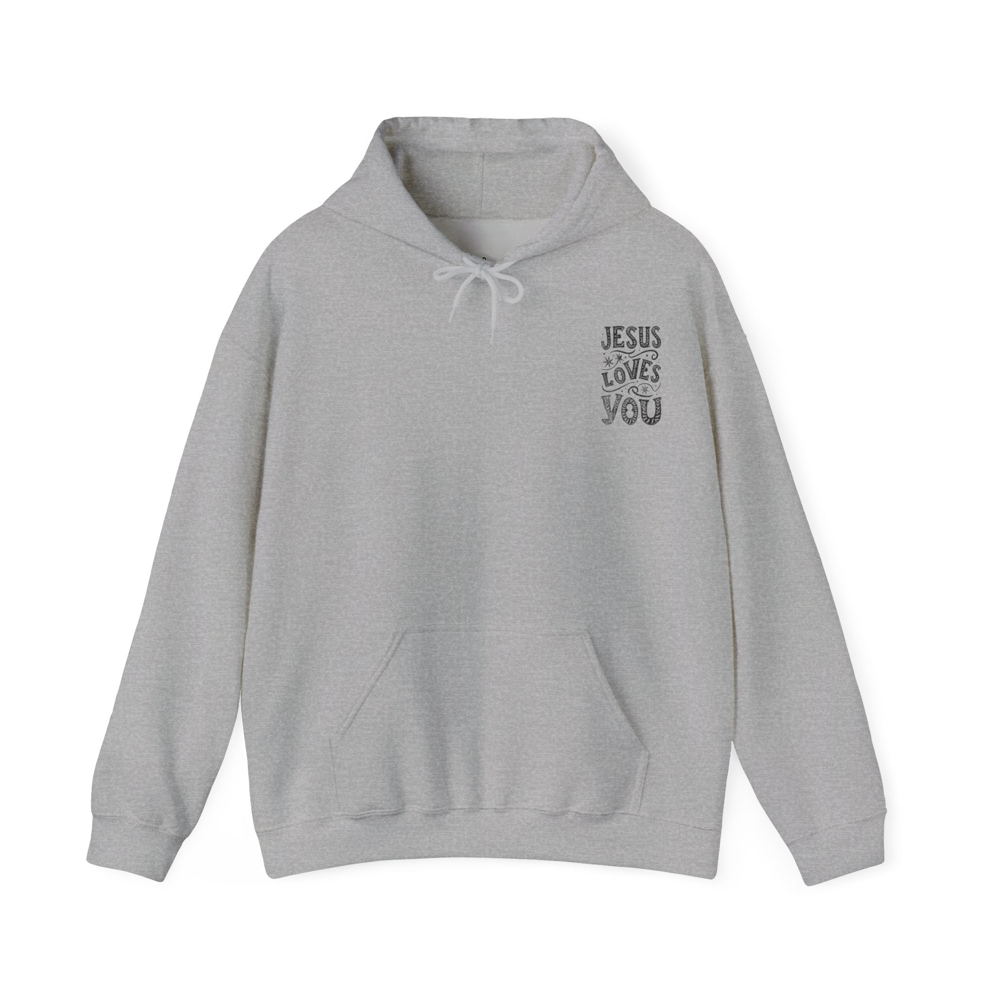 Gray hoodie with 'Jesus Loves You' text on a white background