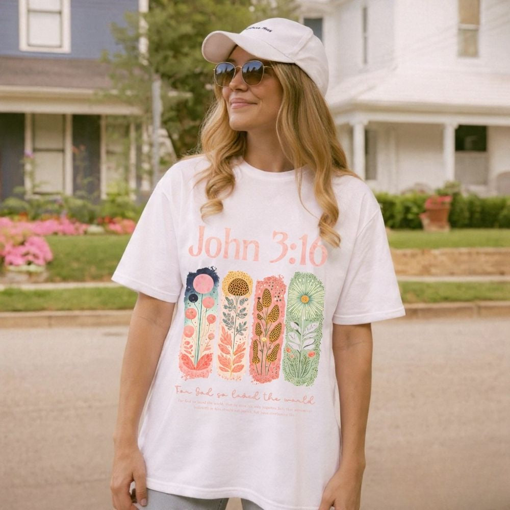 A white Christian t-shirt with a colourful hand-drawn floral bible verse design.
