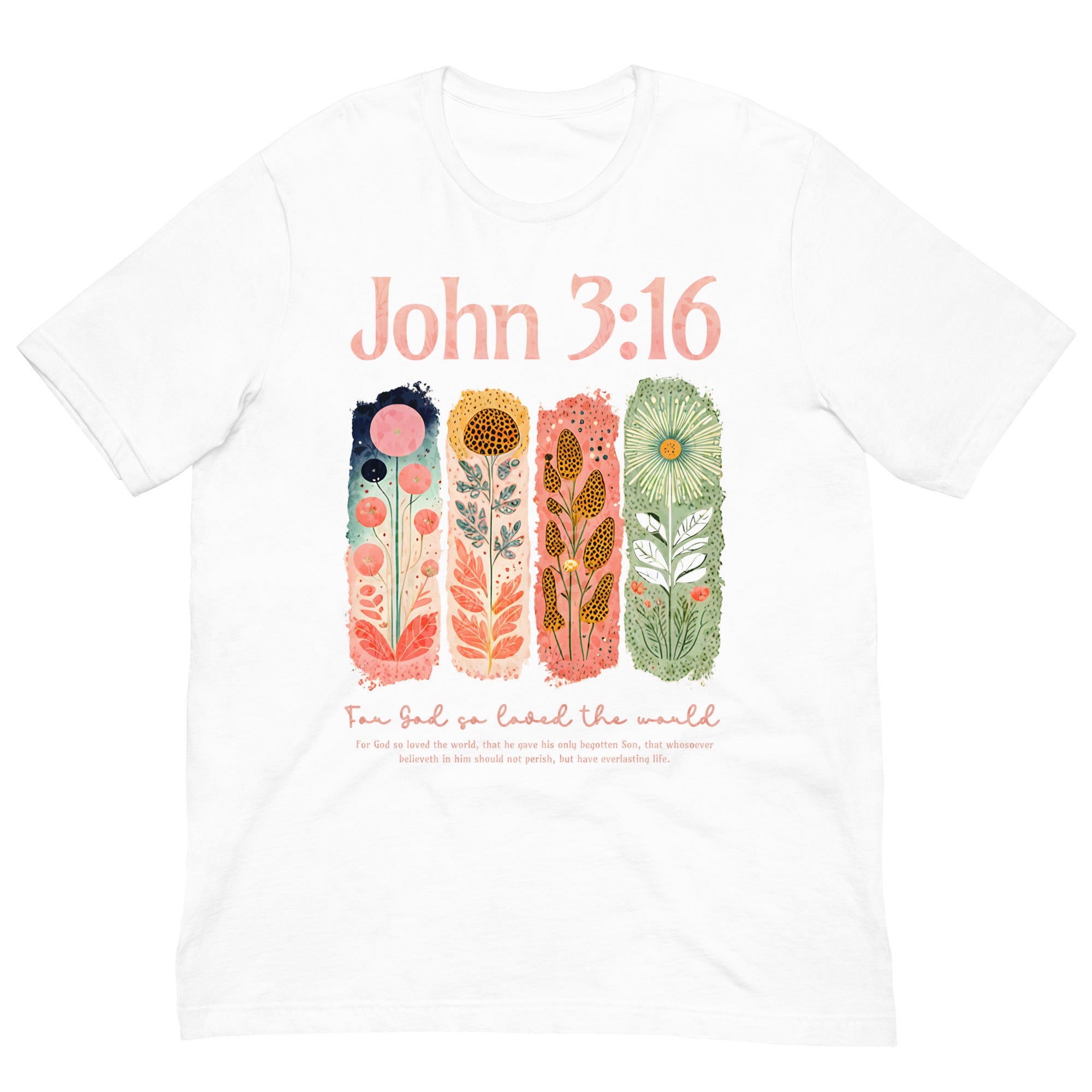 A white Christian t-shirt with a colourful hand-drawn floral bible verse design.