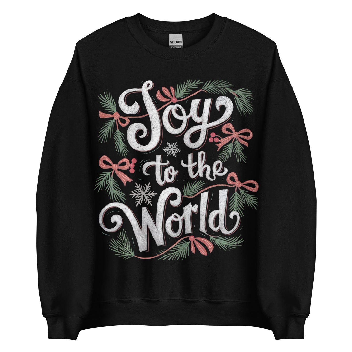 Woman wearing dark green Joy to the World Christian Christmas sweater with pine, bows, and snowflake design.