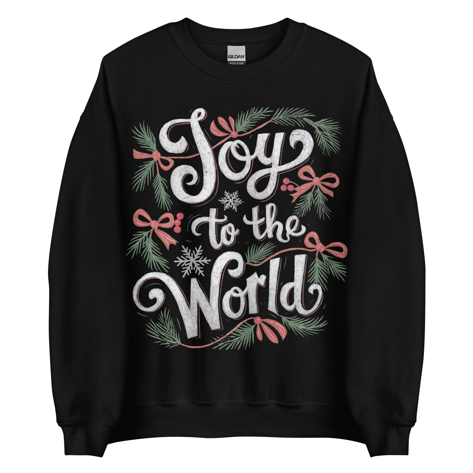 Woman wearing dark green Joy to the World Christian Christmas sweater with pine, bows, and snowflake design.