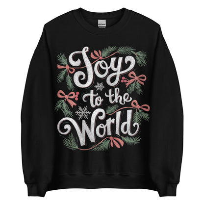 Woman wearing dark green Joy to the World Christian Christmas sweater with pine, bows, and snowflake design.