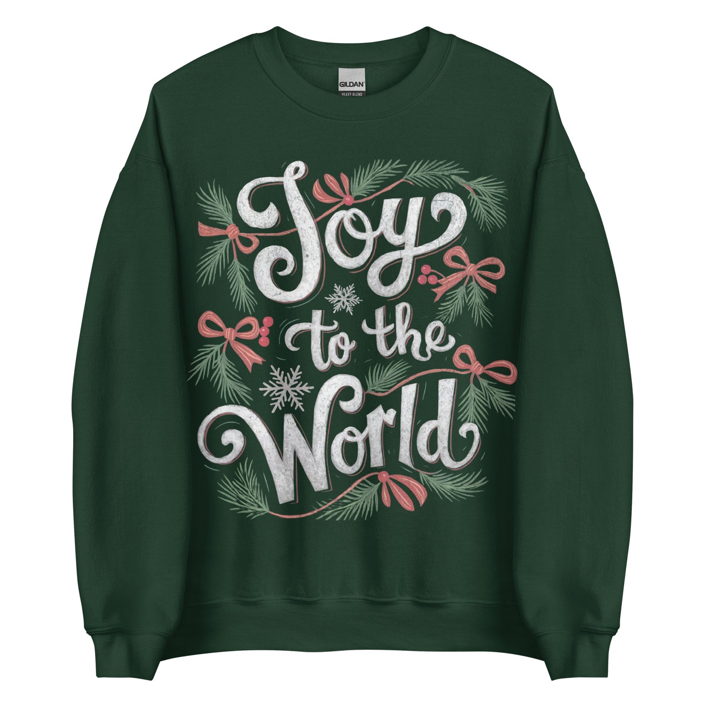 Woman wearing dark green Joy to the World Christian Christmas sweater with pine, bows, and snowflake design.