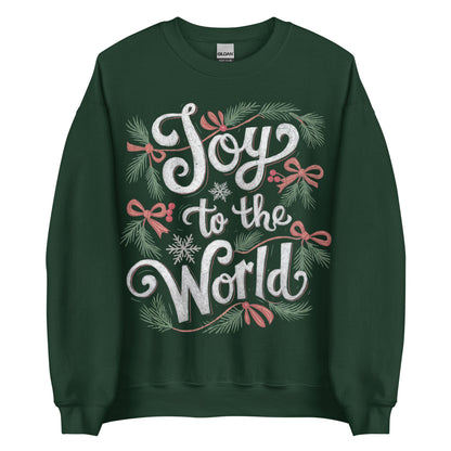 Woman wearing dark green Joy to the World Christian Christmas sweater with pine, bows, and snowflake design.