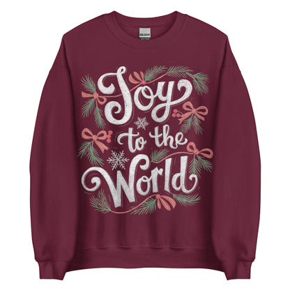 Woman wearing dark green Joy to the World Christian Christmas sweater with pine, bows, and snowflake design.