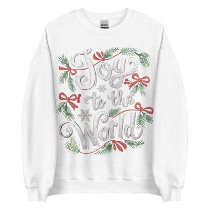 Woman wearing dark green Joy to the World Christian Christmas sweater with pine, bows, and snowflake design.