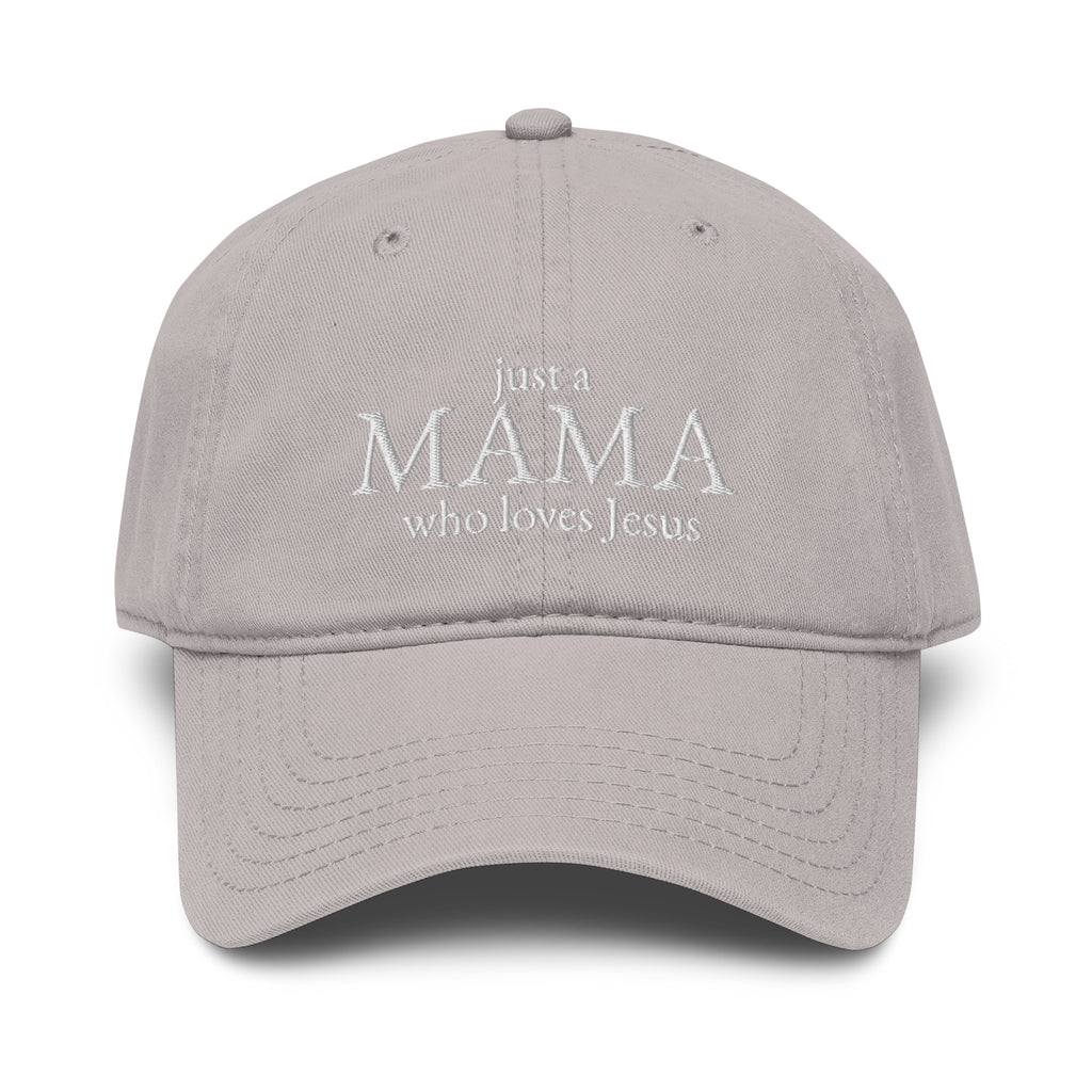 Front view of Christian mum cap reading “Just a Mama Who Loves Jesus.”