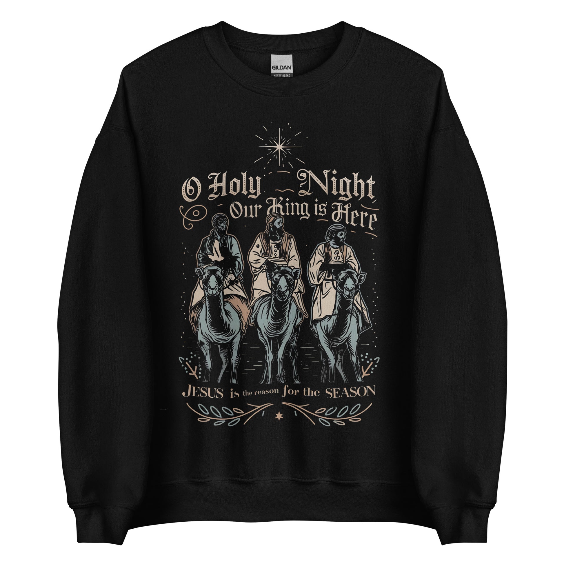 Woman wearing O Holy Night Our King Is Here Christian Christmas sweater featuring the three wise men under the star of Bethlehem.