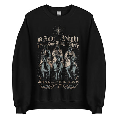 Woman wearing O Holy Night Our King Is Here Christian Christmas sweater featuring the three wise men under the star of Bethlehem.