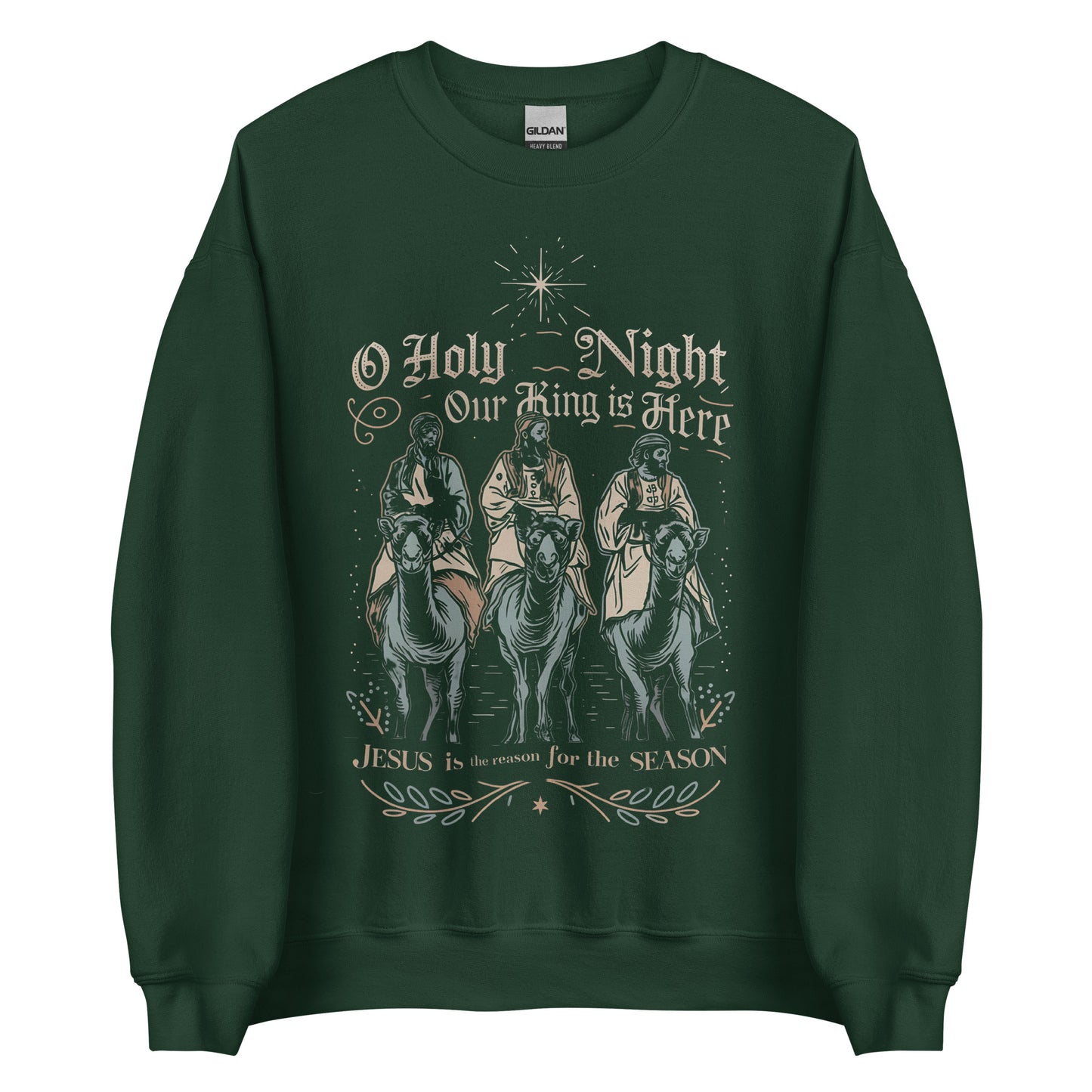 Woman wearing O Holy Night Our King Is Here Christian Christmas sweater featuring the three wise men under the star of Bethlehem.