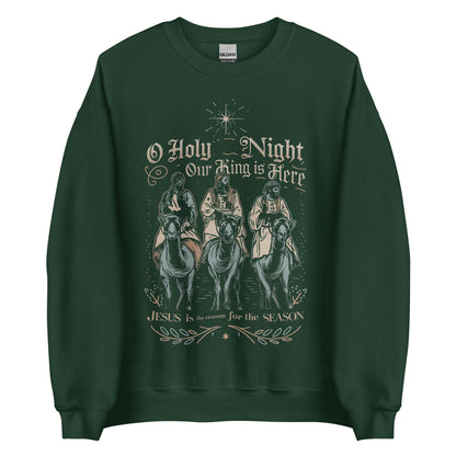 Woman wearing O Holy Night Our King Is Here Christian Christmas sweater featuring the three wise men under the star of Bethlehem.