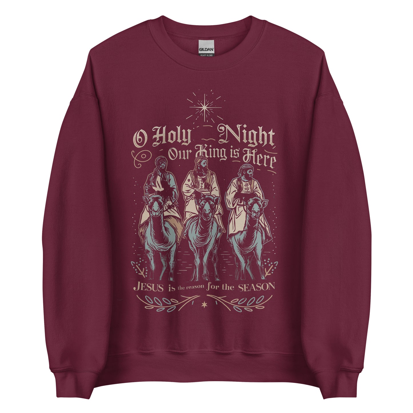 Woman wearing O Holy Night Our King Is Here Christian Christmas sweater featuring the three wise men under the star of Bethlehem.