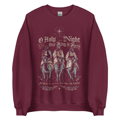 Woman wearing O Holy Night Our King Is Here Christian Christmas sweater featuring the three wise men under the star of Bethlehem.