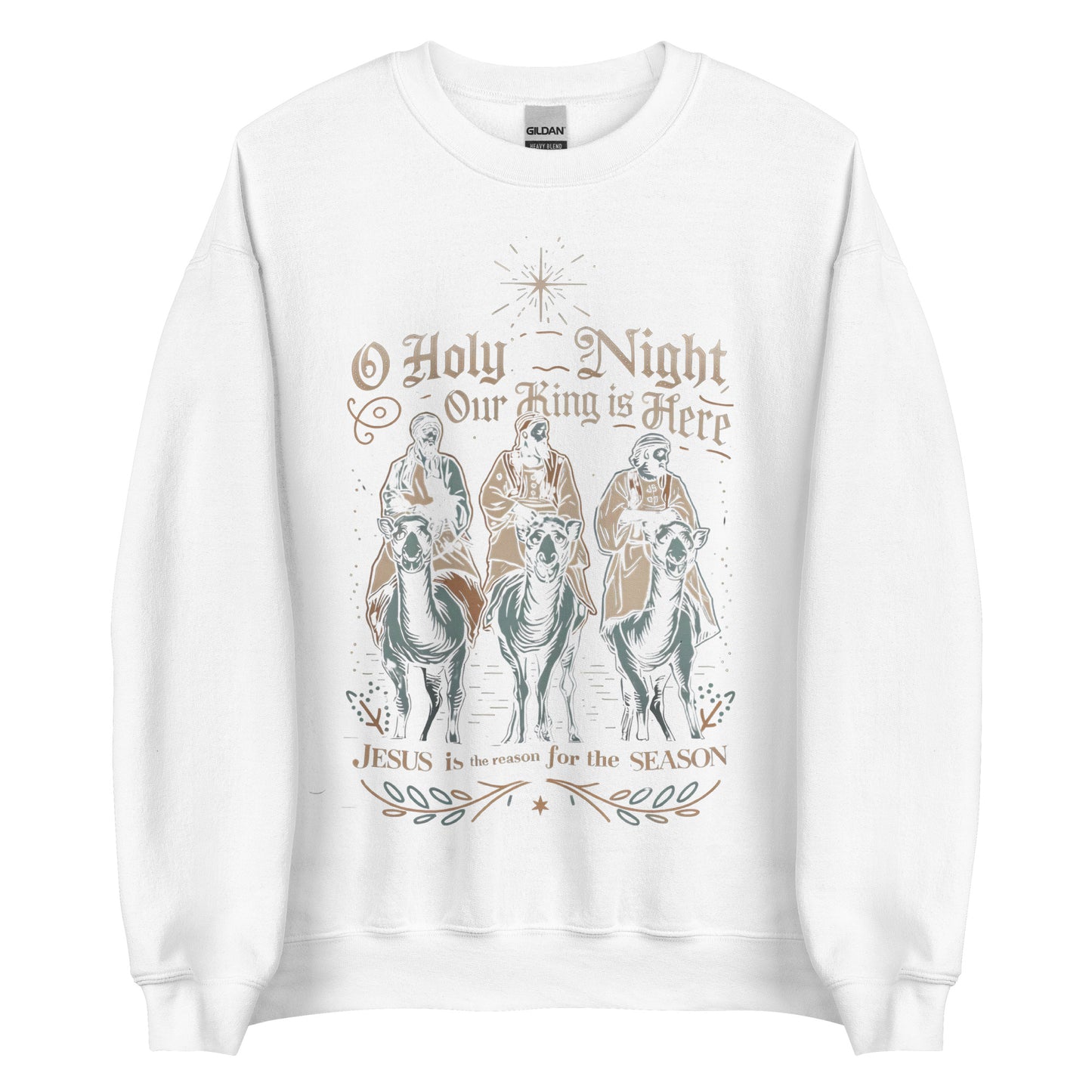 Woman wearing O Holy Night Our King Is Here Christian Christmas sweater featuring the three wise men under the star of Bethlehem.