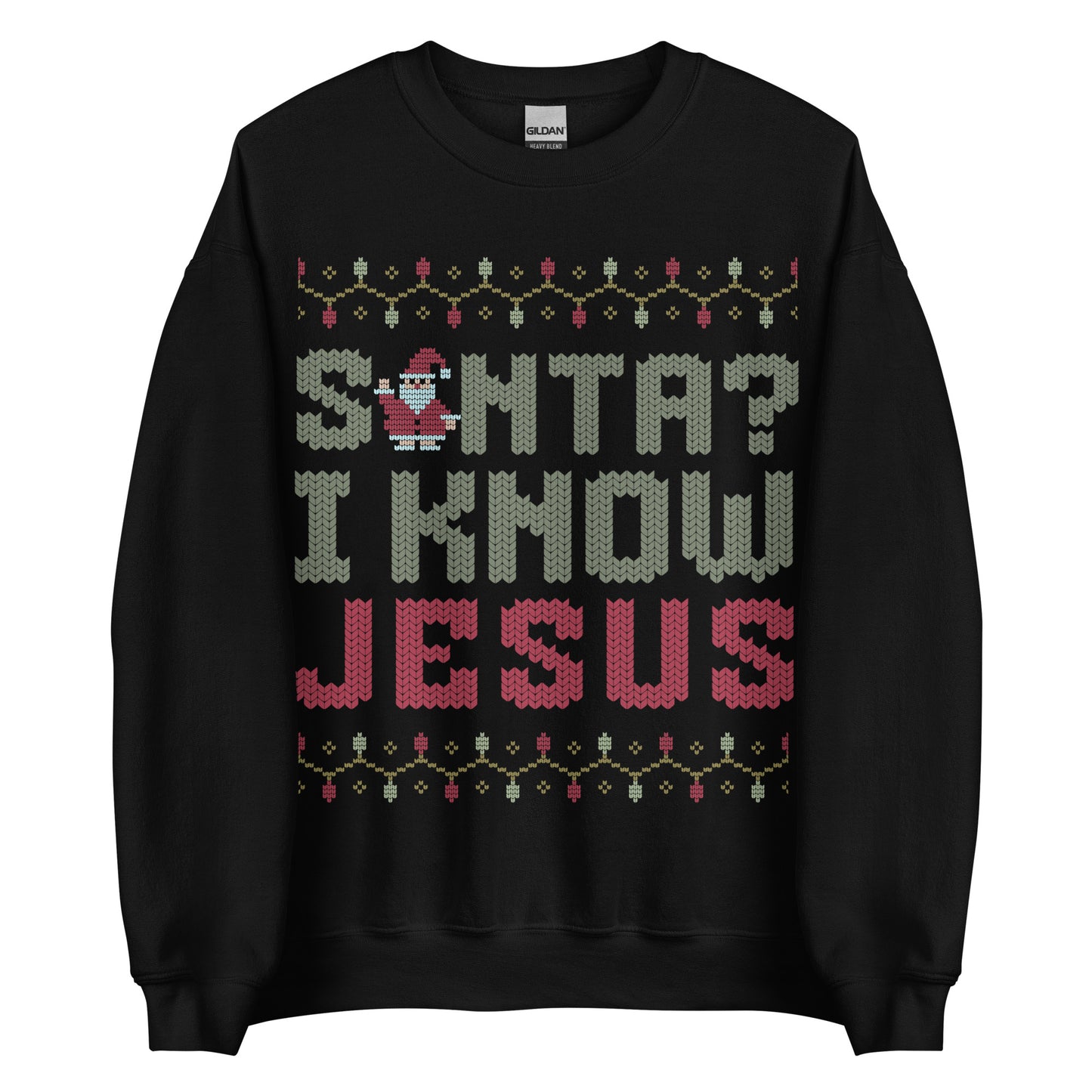 Woman wearing white Christian Christmas sweater with the phrase Santa? I Know Jesus in festive cross-stitch style.