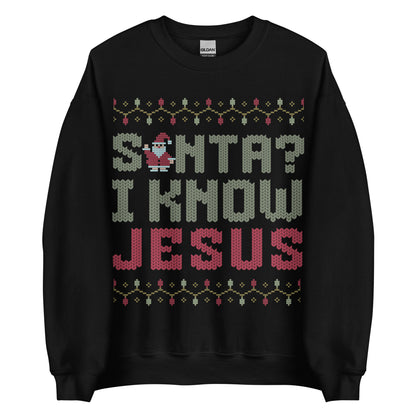 Woman wearing white Christian Christmas sweater with the phrase Santa? I Know Jesus in festive cross-stitch style.