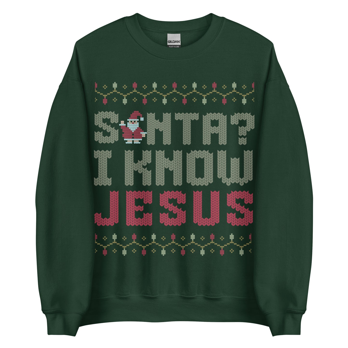Woman wearing white Christian Christmas sweater with the phrase Santa? I Know Jesus in festive cross-stitch style.