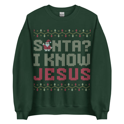 Woman wearing white Christian Christmas sweater with the phrase Santa? I Know Jesus in festive cross-stitch style.