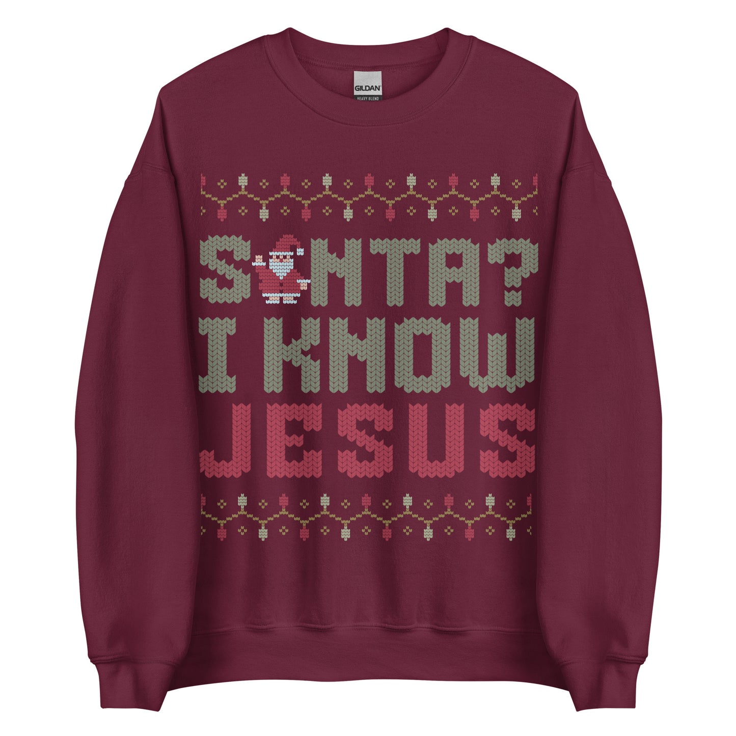 Woman wearing white Christian Christmas sweater with the phrase Santa? I Know Jesus in festive cross-stitch style.
